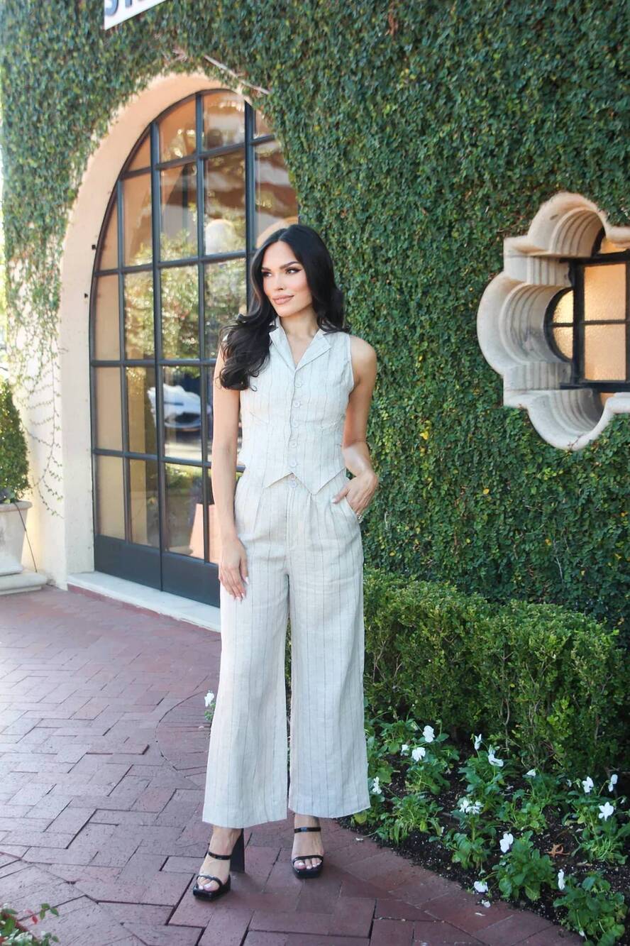 NEW KARLIE women's linen pants in natural stripe